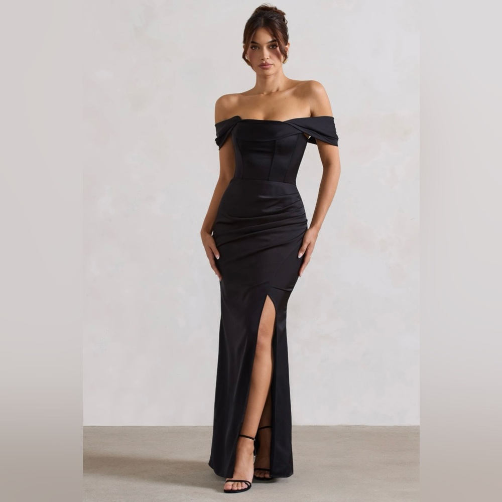KIMBERLY BLACK BARDOT FISHTAIL SATIN MAXI DRESS